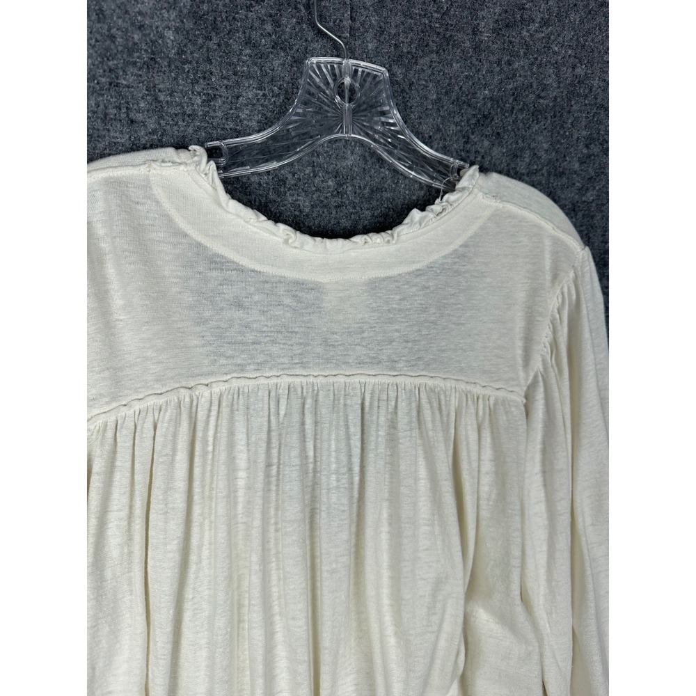 Free People Women Smocked Cuff V Neck Top Medium Boho Slub Knit Ivory White - Picture 6 of 12